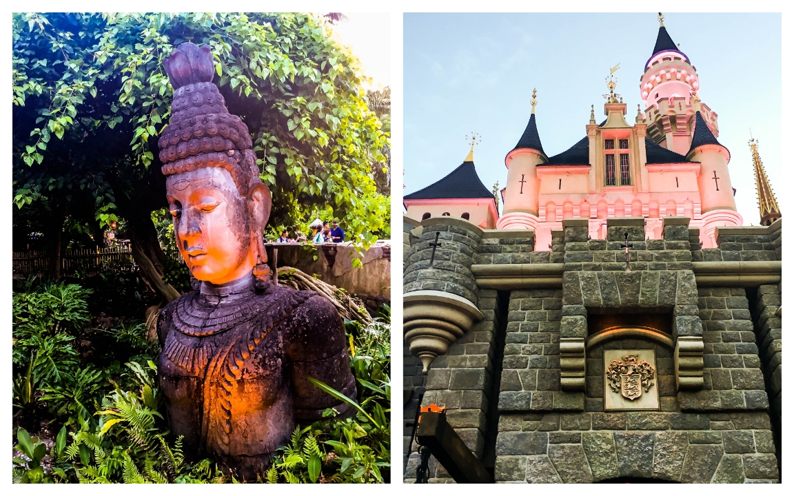 A statue of Buddha and Sleeping Beauty's Castle facade