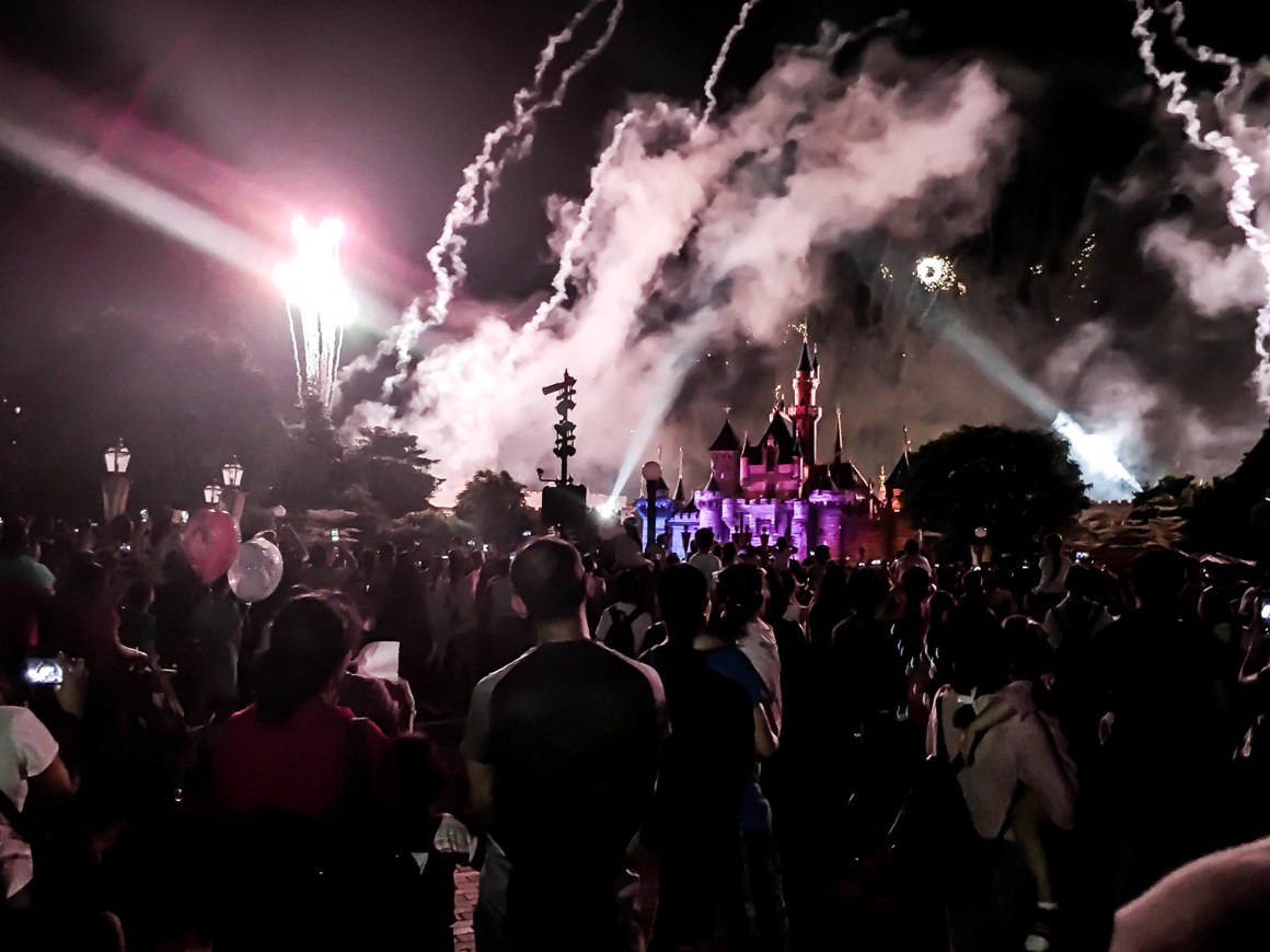 Crowd Watching Fireworks Display at Hong Kong Disneyland