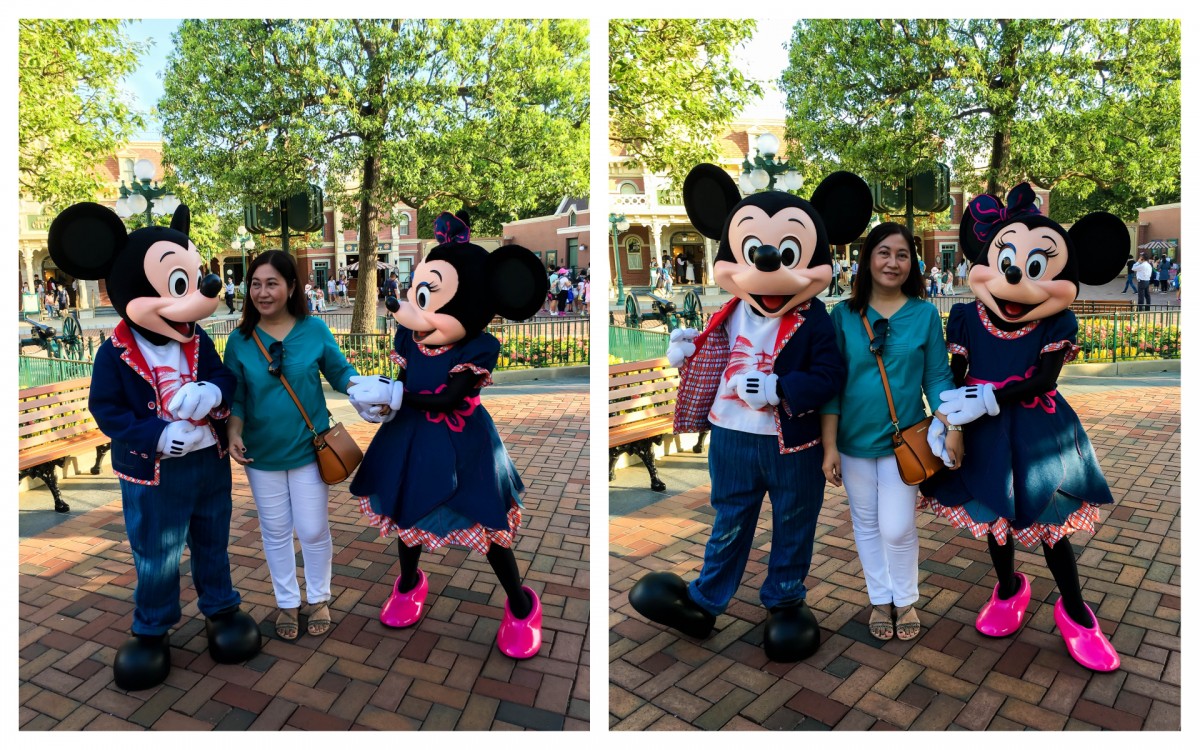 Mom posing with Mickey and Minnie